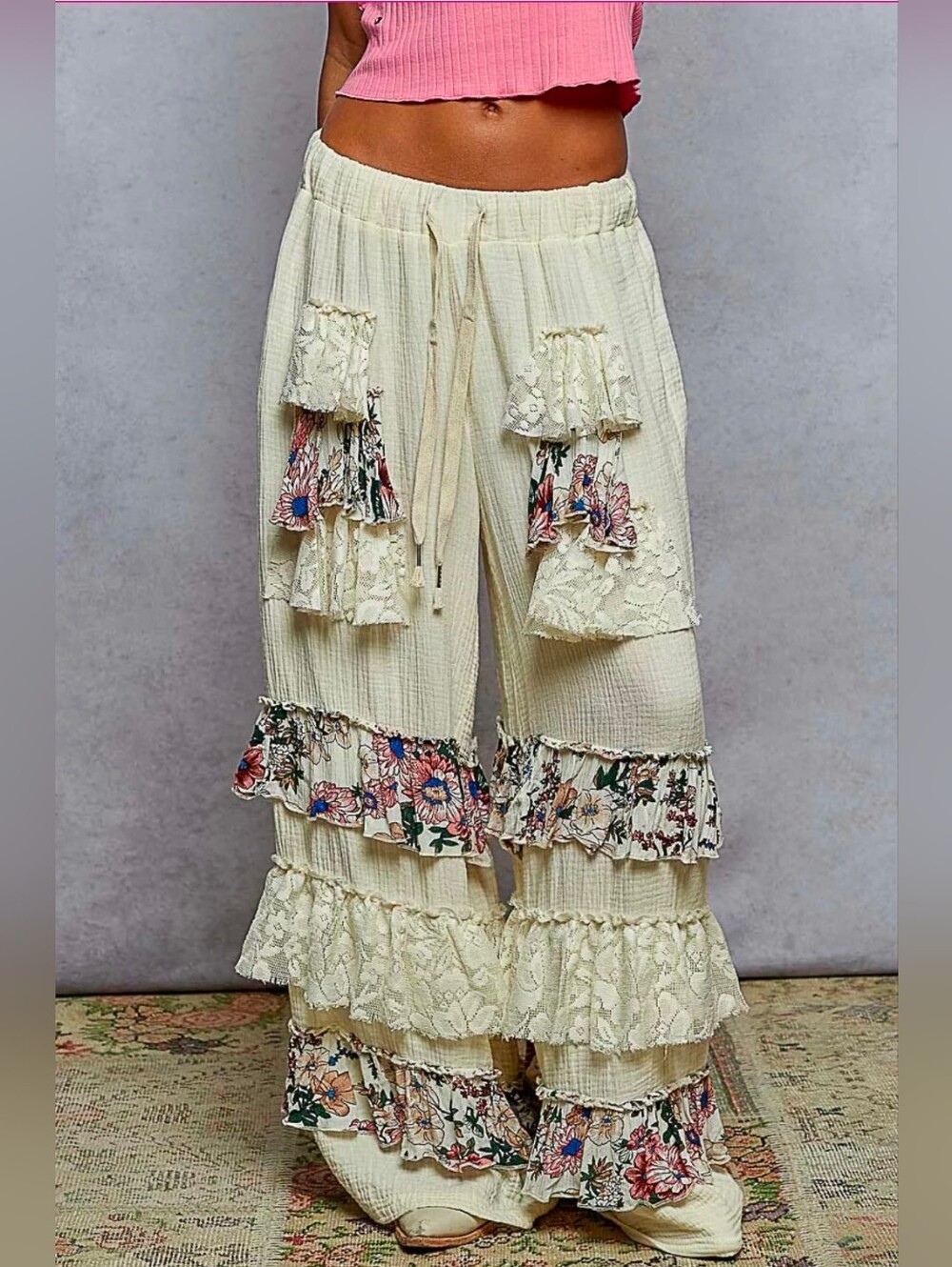 NEW! POL Drawstring Double Gauze Wide Leg Pants with Print and Lace Ruffle,NWT